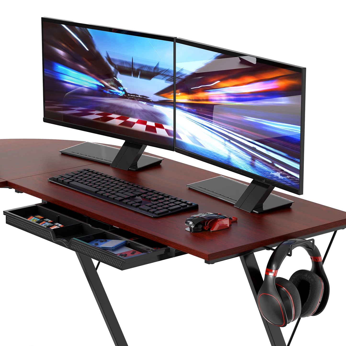 SHW 51 x 51 Inches Vista L-Shaped Desk with Monitor Stand and Drawer, Cherry