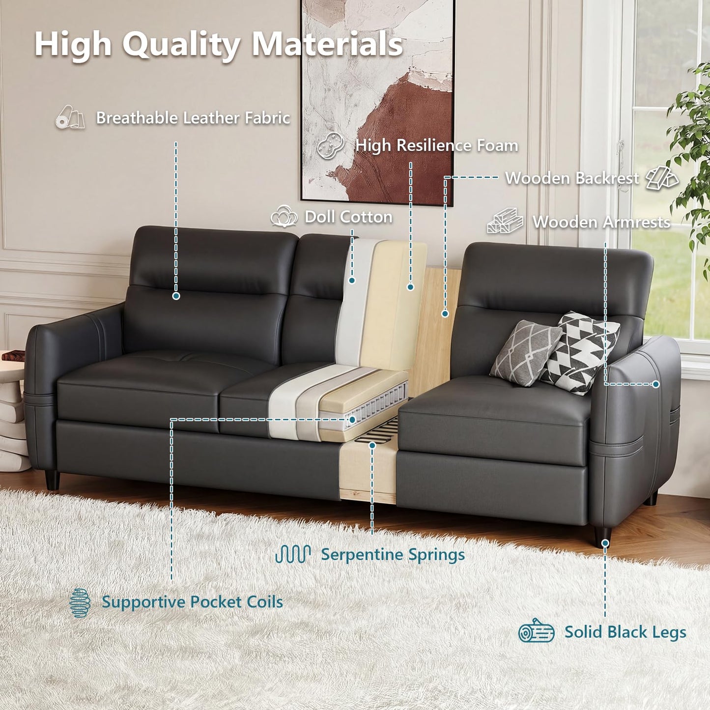 STHOUYN 85” Black Faux Leather Couch with USB, 3 Seater Sofa Couches for Living Room, Large Mid Century Modern Office Apartment Couch (Black)