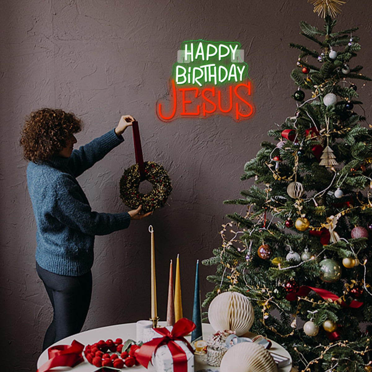 Looklight Happy Birthday Jesus Neon Sign Christmas Neon Signs for Wall Decor Red Green LED Light USB Light Up Signs for Inspirational Christian Decor for Homes Offices Churches Christmas Gifts