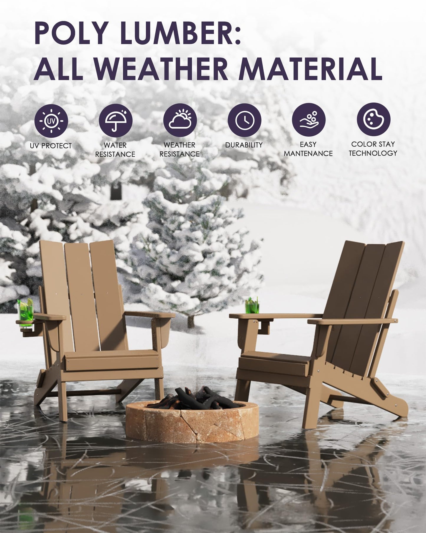 Adiromoti Folding Adirondack Chairs, All-Weather Resistant HDPE Patio Firepit Chairs, Sturdy Outside Chairs with Cup Holder, Pre-Installed Lawn Chairs Load Capacity 385lb, Weathered Wood
