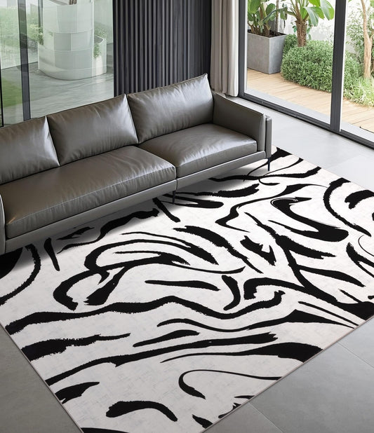 YIHOUSE Modern Area Rugs for Bedroom,5x7 Washable Black and White Rug, Thin Abstract Geometric Minimalist Striped Rug, Black Rugs for Bedroom,Kitchen,Dining Room Office