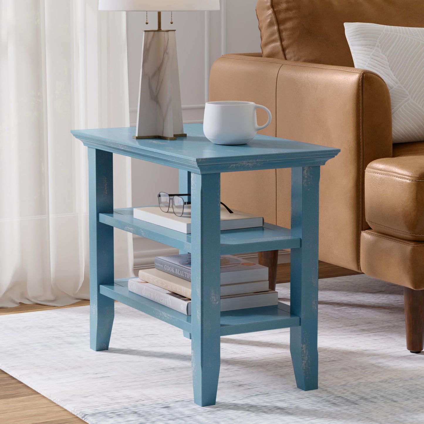 SIMPLIHOME Acadian Narrow Side Table - 14 inch Wide Solid Wood Rectangular End Table with 2 Open Shelves in Distressed Coastal Blue, Transitional Lamp Stand or Nightstand for Living Room or Bedroom