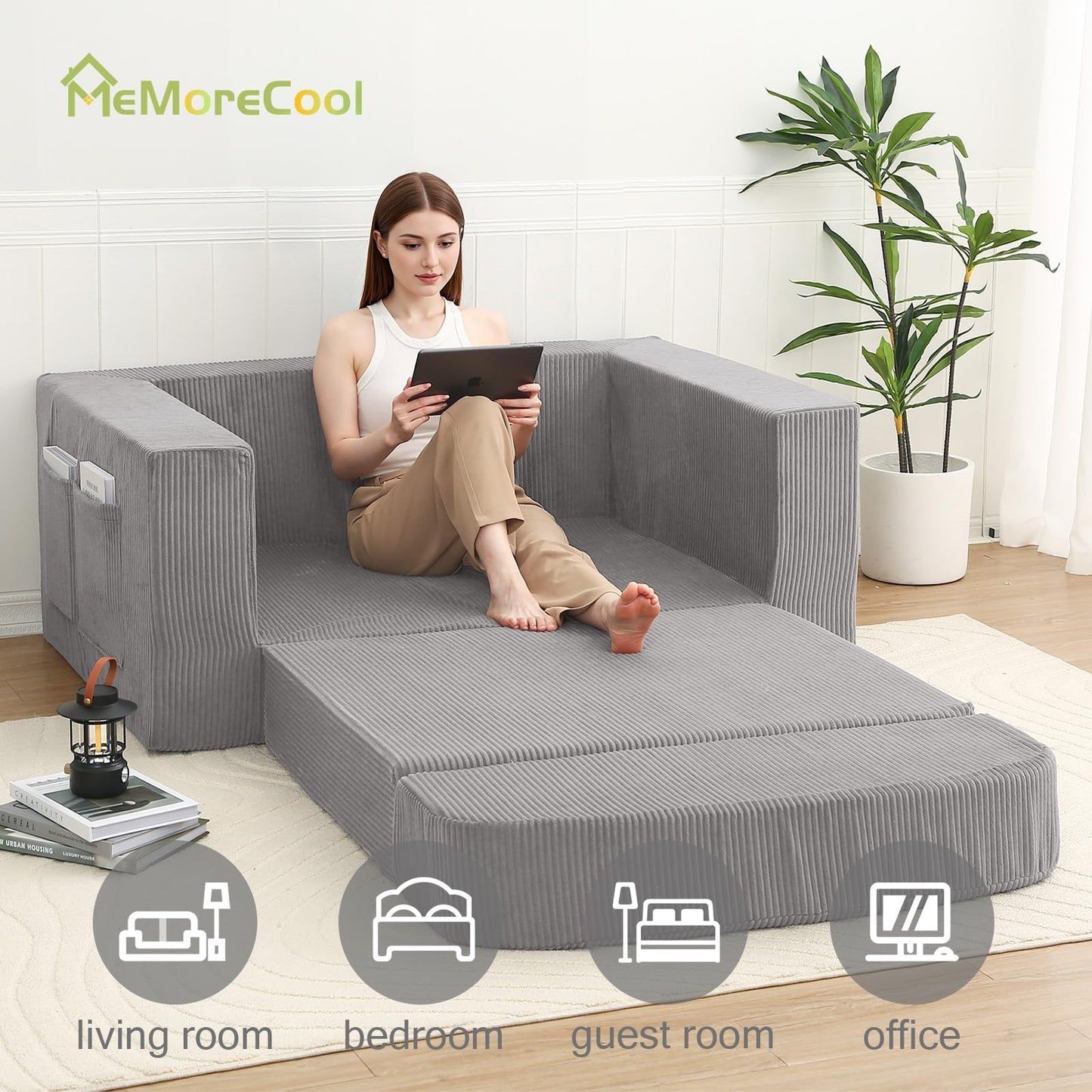 MeMoreCool Convertible Sofa Bed, Pull Out Loveseat Sleeper Sofa, Small Boneless Cloud Couch Bed for Adults, Fold Out Foam Love Seat, Corduroy Folding Floor Couch for Bedroom, Light Grey