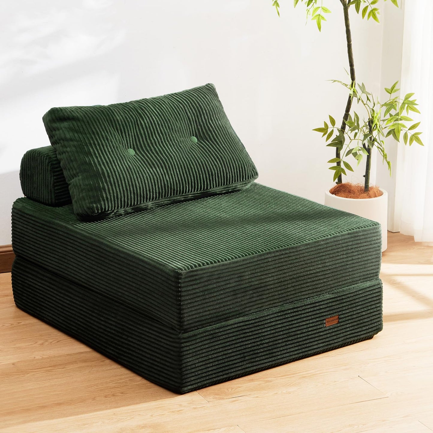 PIASHJOY Folding Sofa Bed,3-in-1 Convertible Sleeper Chair Corduroy High-Density Foam with Pillow,Fold Out Chair Bed,Foldable Single Futon Chair for Living Room、Hotel,Single, Emerald Green