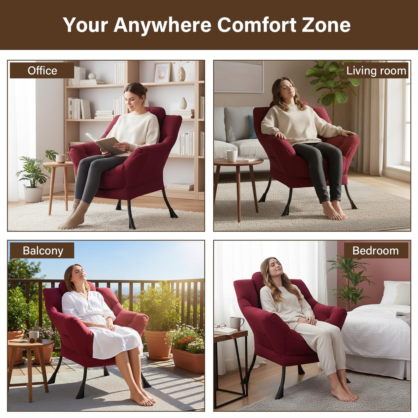 Welnow Lazy Chair for Living Room, Modern Reading Accent Chair with Armrests and a Side Pocket, Leisure Upholstered Lazy Sofa for Small Space, Bedroom, Dorm, Burgundy
