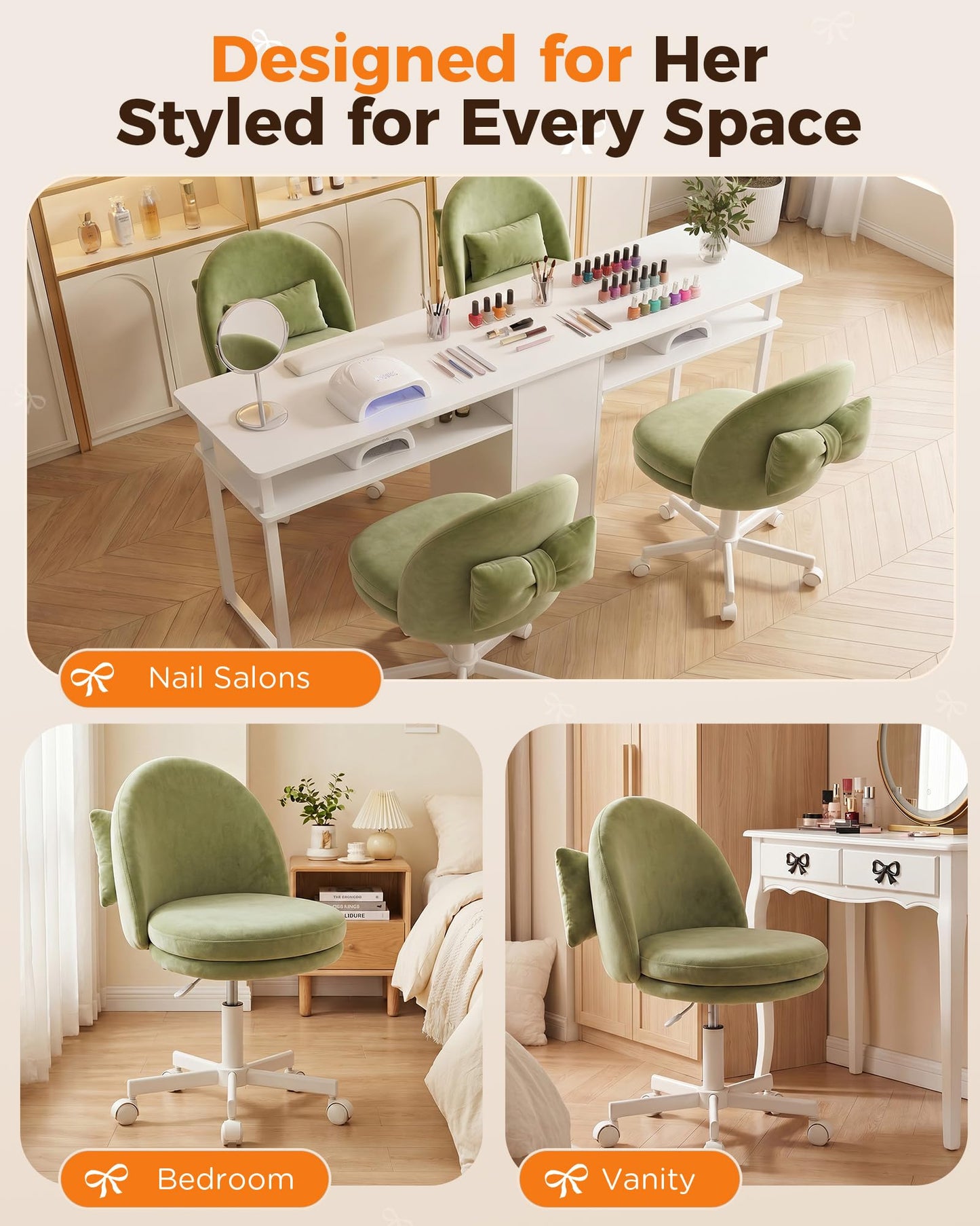 GTPLAYER Velvet Tall Office Chair with Wheels Vanity Chairs with Back, Versatile Height Use: Office to Bar Stools Small Ergonomic Comfy Armlees Computer Desk Chair with Bow Lumbar Pillow for Gift