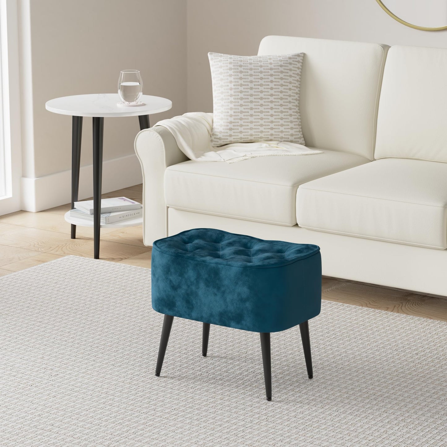 BIRDROCK HOME Tufted Curve Ottoman Velvet Foot Stool - Modern Upholstered Padded Footrest for Living Room or Bedroom - Small Cushioned Accent Chair for Couch, Sofa, or Lofted Seating (Teal)