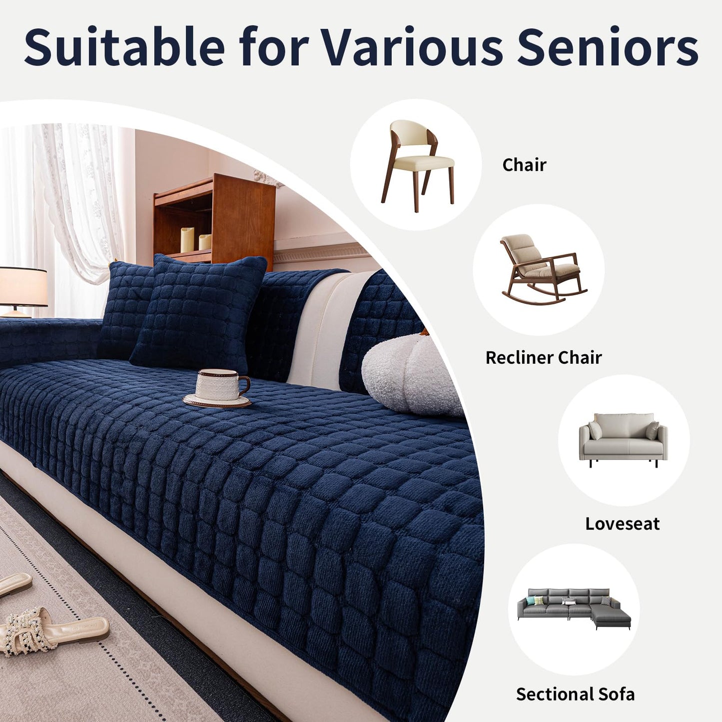 MDSASFD Velvet Couch Cover, Plush Sectional Sofa Cover Washable, Anti Slip Sofa Slipcover for Armrest & Backrest, Furniture Protector Covers for Pets & Kids(1PC,Navy Blue,36"×36")