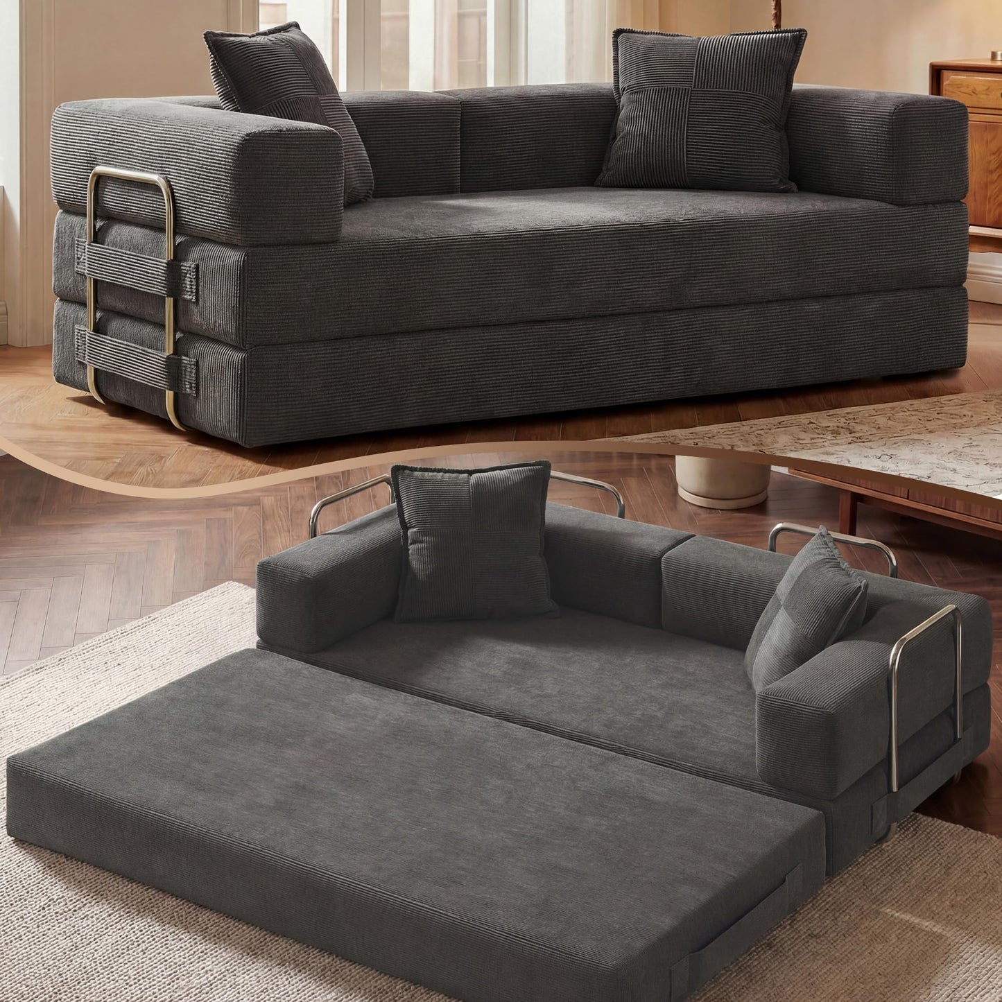GRUSIGN 78 Inch Convertible Sofa Bed, 5-in-1 Futon Sofa Bed Pull Out Couch, Boneless Couch Bed for Living Room, Corduroy Boneless Couches for Bedroom, Apartment, No Assembly Sleeper Sofa Bed, Gray