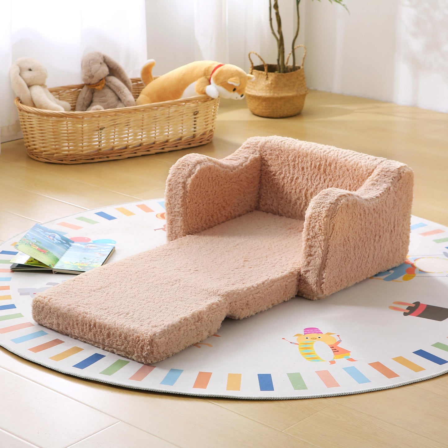 MAMAJOVE Toddler Couch 2-in-1 Flip Open Sherpa Kids Sofa Chair, Light Brown