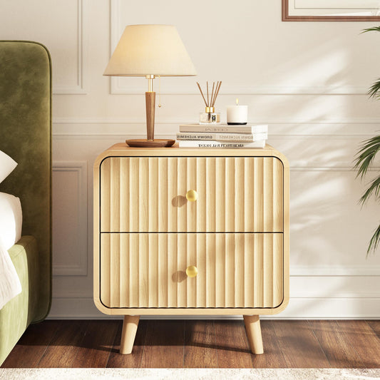 Decofy Fluted Nightstands with 2 Drawers, 19.7'' Wide Wood End Table with Curved Profile Design, Mordern Beside Table with Metal Handle for Bedroom, Oak