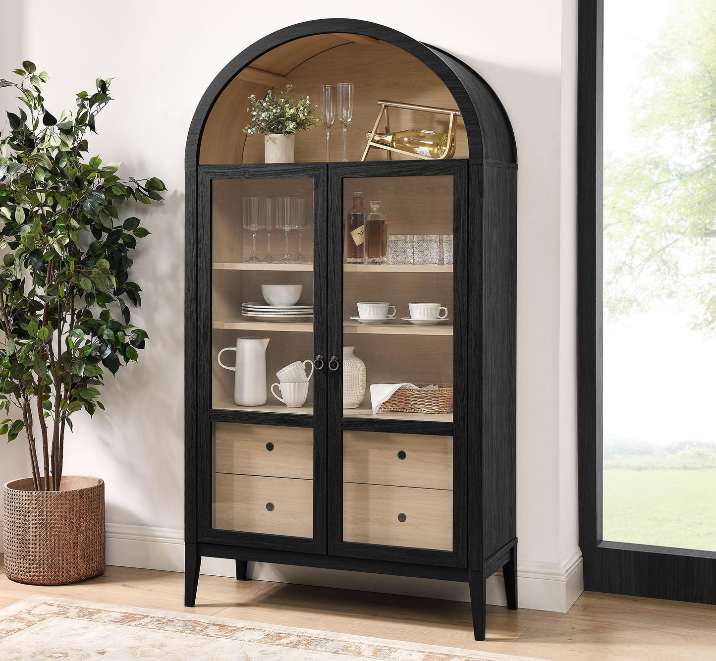 Modway Nolan Tall Arched Storage Display Cabinet in Black Oak - 74 Inch Arch Bookshelf with Glass Doors, Shelves and Drawers - Modern Accent Cabinet for Living Room, Dining Room