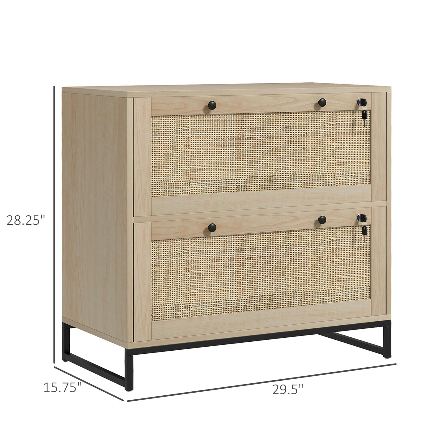 Vinsetto 2 Rattan Drawer File Cabinet with Lock, Lateral Filing Cabinet with Adjustable Hanging Bar for Letter, A4 and Legal Size Files, Printer Stand for Home Office, Natural