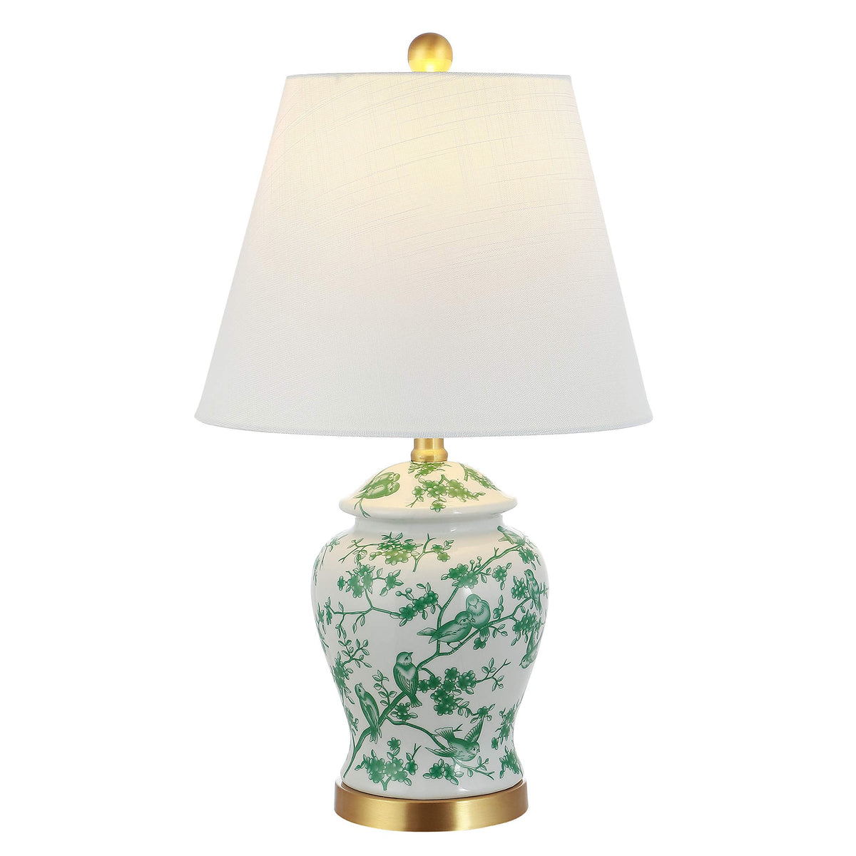 JONATHAN Y 22" White/Green Ceramic Table Lamp, French Country Chinoiserie Ginger Jar LED Bedside Lamp for Living Room Bedroom, White Linen Shade (JYL3005B)