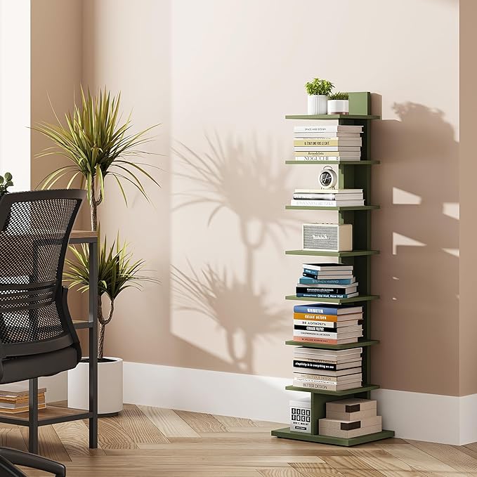 TUTOTAK Bookshelf, 8-Tier Bookcase, Narrow Spine Book Shelf