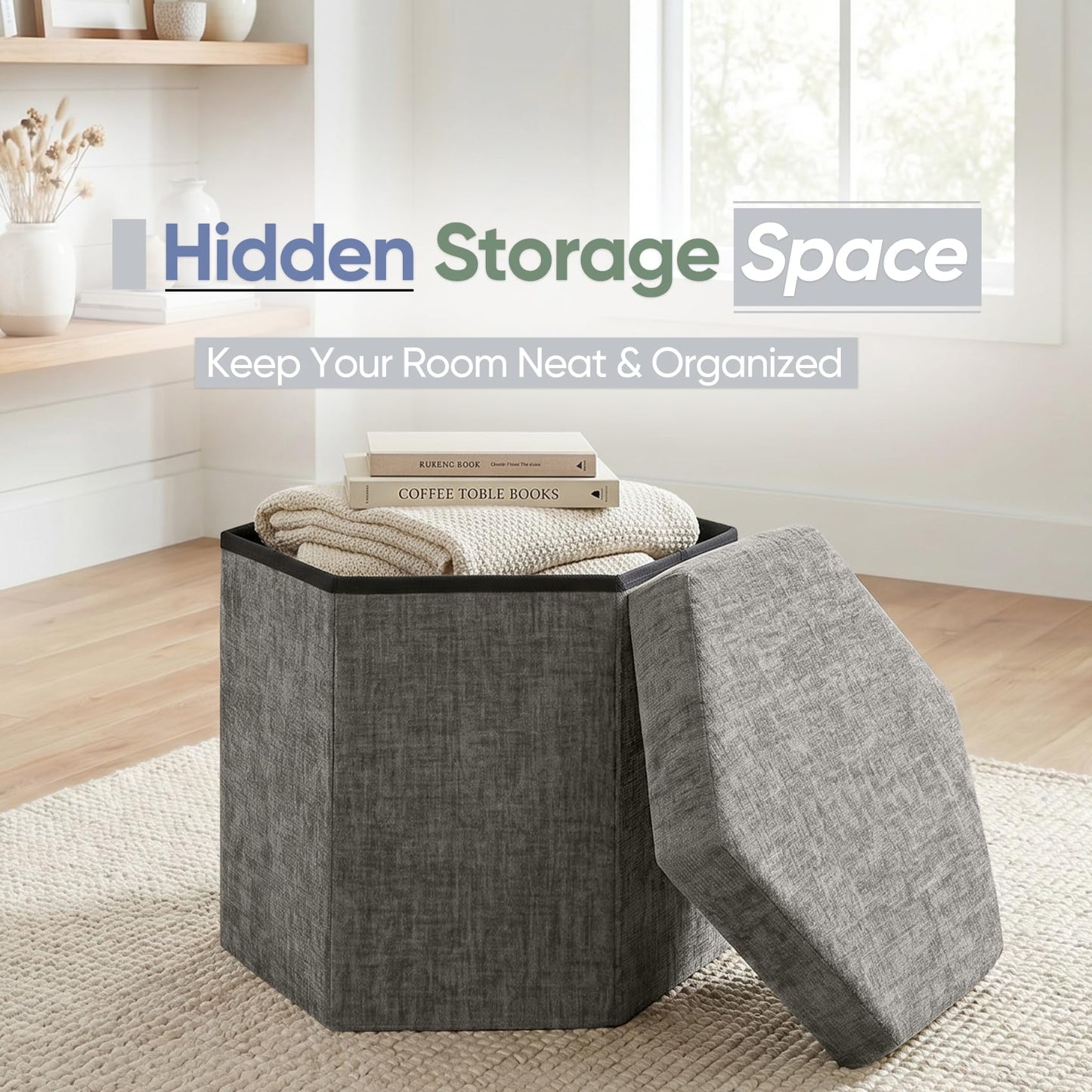 ZOLANOful Hexagon Storage Ottoman, Foldable Chenille FootRest with Hidden Storage, Small Ottoman Footstool for Living Room, Bedroom, Dorm, Entryway, 15 x 16.9 x 15 Inches, Grey