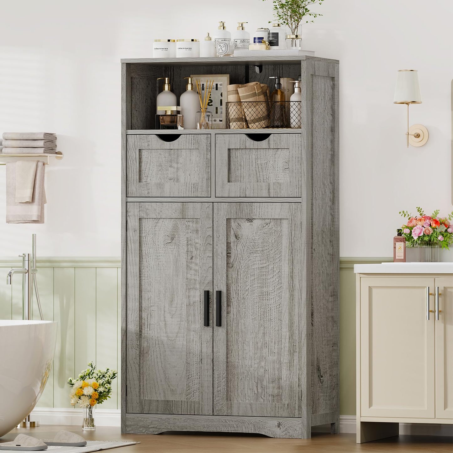 Iwell Storage Cabinet with 2 Drawers & 2 Adjustable Shelves, Kitchen Cabinet, Cupboard, for Living Room, Kitchen, Entryway, Home Office, Grey