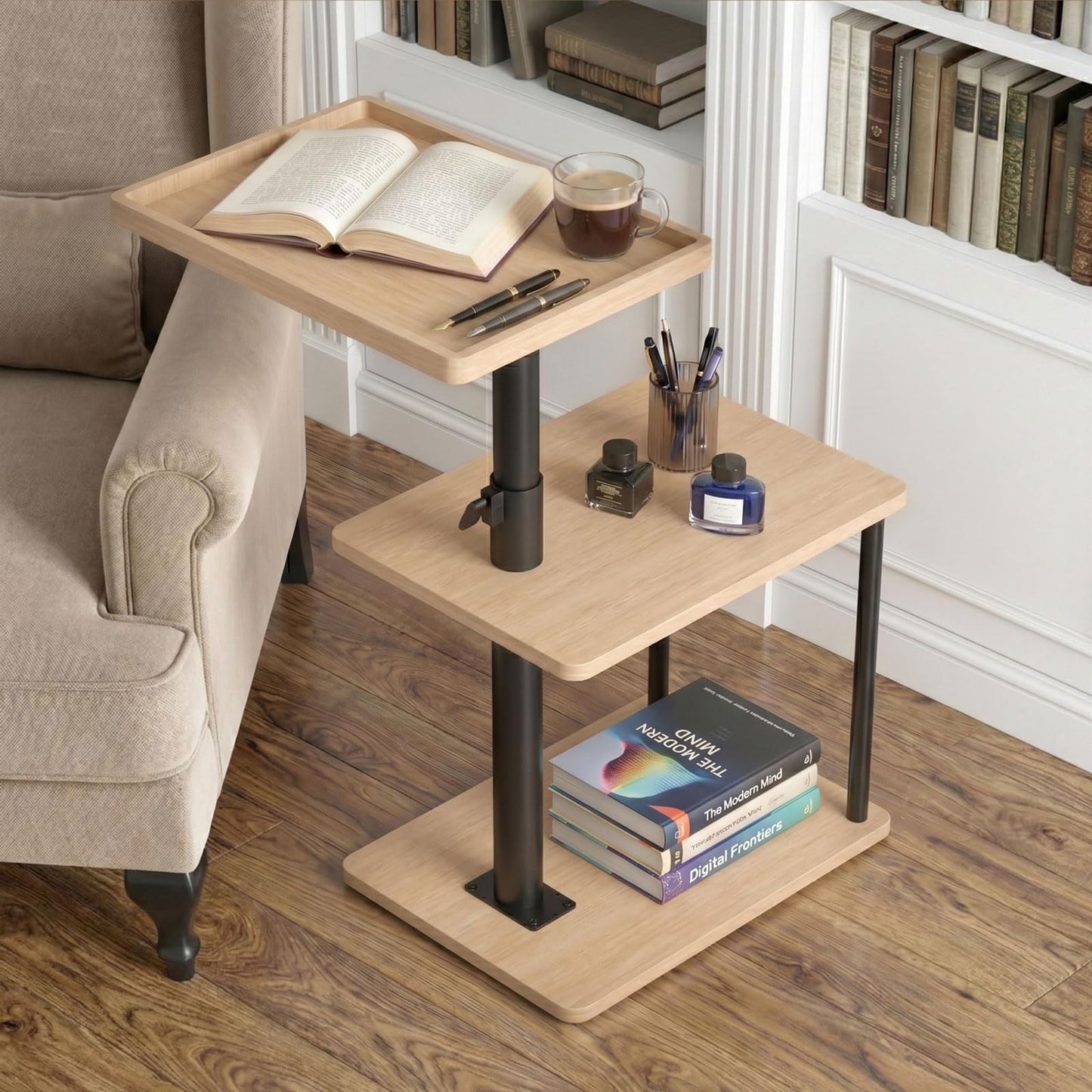 Faesun C Table End Table Adjustable Height, 360°Swivel TV Tray Table for Small Spaces, Small Nightstand for Living Room, Bedroom, Oak