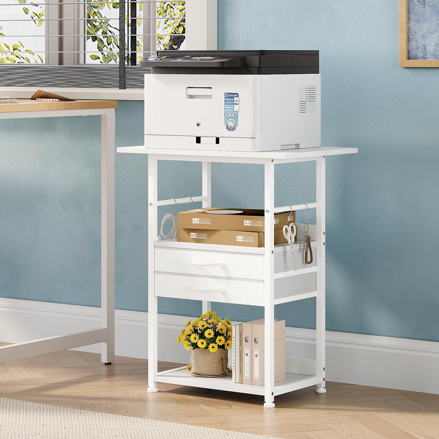 VENNQD Large Printer Stand with Storage Fabric Drawer Under Desk Printer Table with Wheels for Home Office, Printer Cart fit Fax Machine Scanner (White, 3 Tiers)
