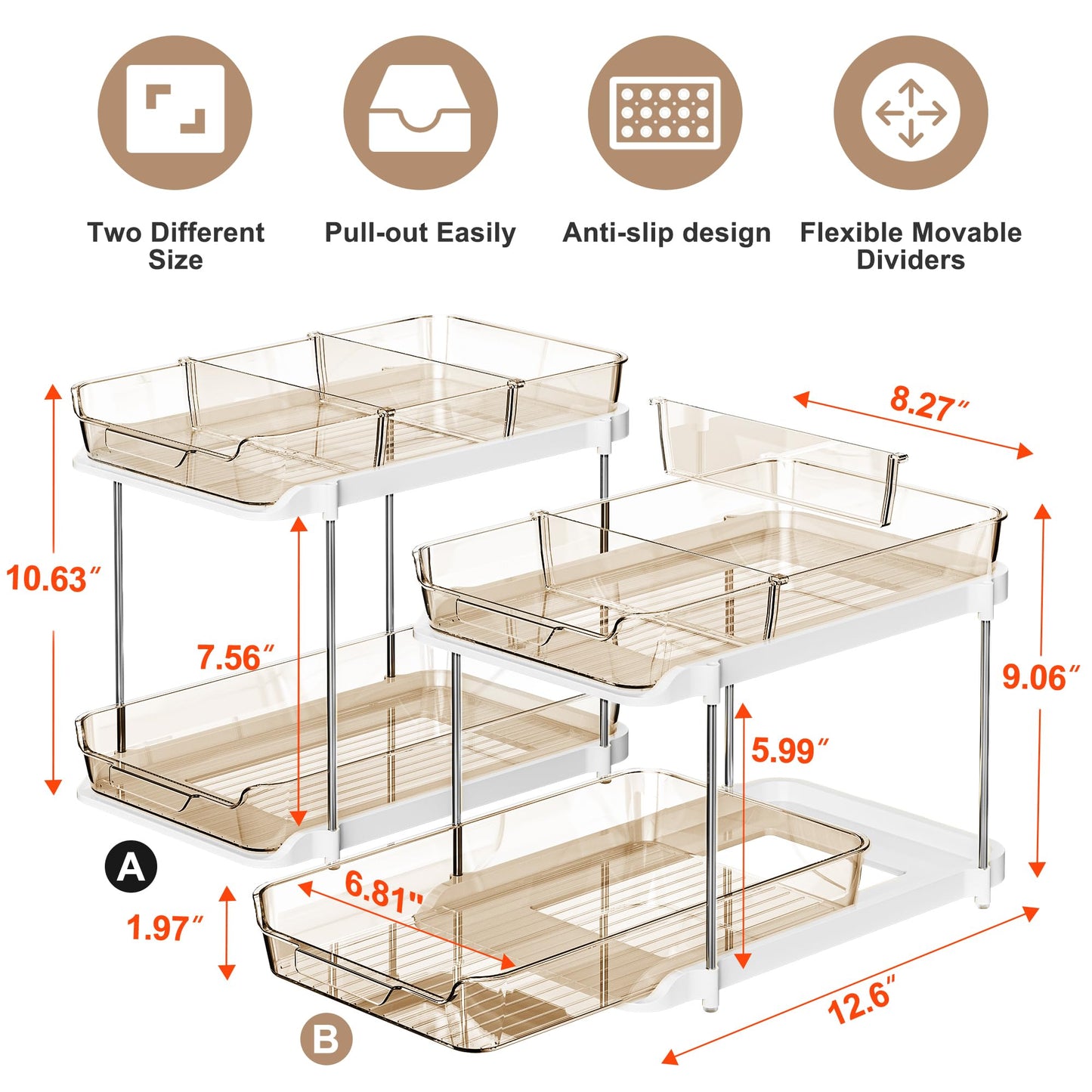Delamu 2-Tier Multi-Purpose Bathroom Under Sink Organizers and Storage, Stackable Kitchen Pantry Organization, Pull Out Medicine Cabinet Organizer with Movable Dividers, Amber, 2 Pack