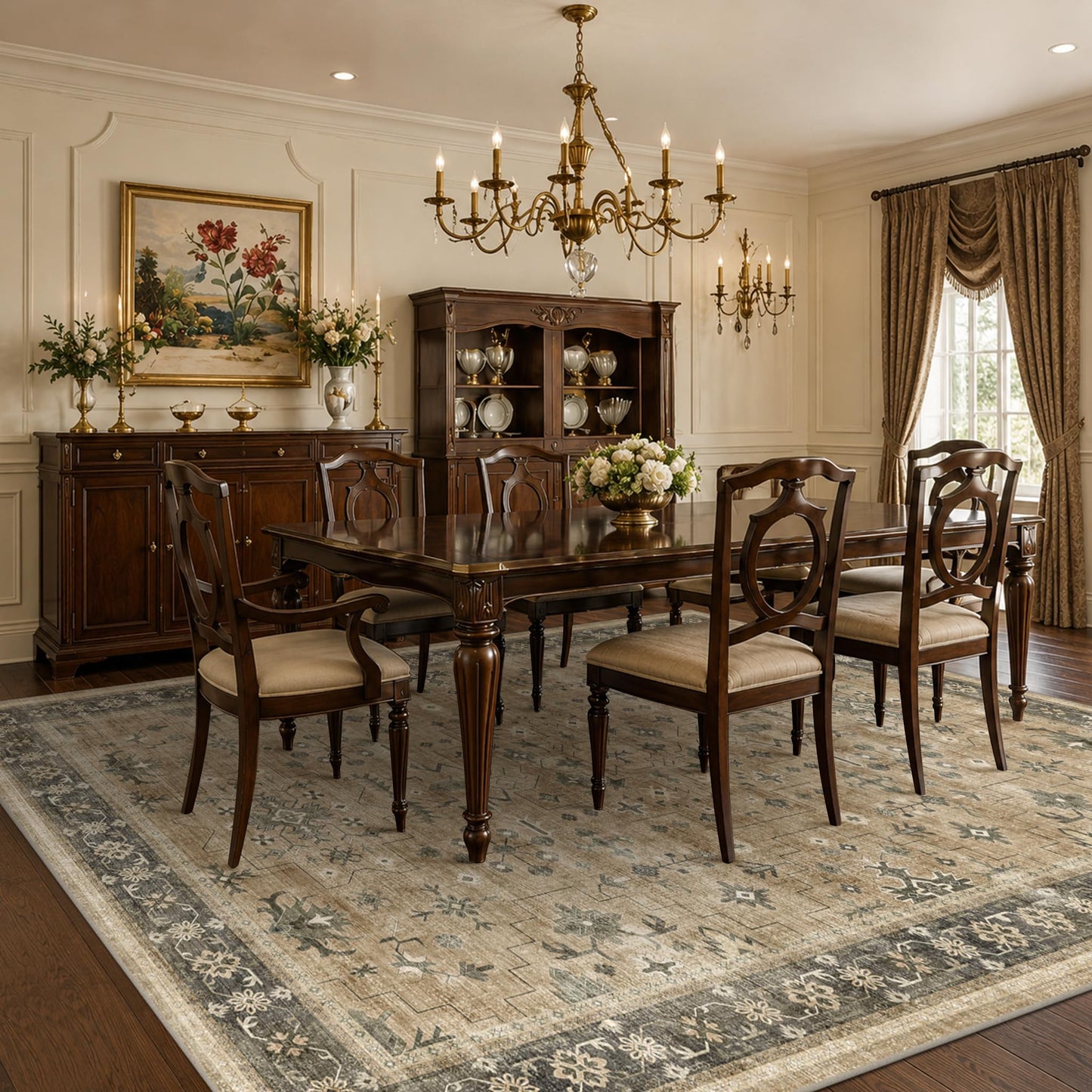 Warm Taupe Sage 9x12 Living Room Rug - Vintage Extra Large Area Rugs for Dining Room Under Table, Washable Low Pile Carpet for Bedroom Under the Bed, Non-Slip Stain & Fade Resistant