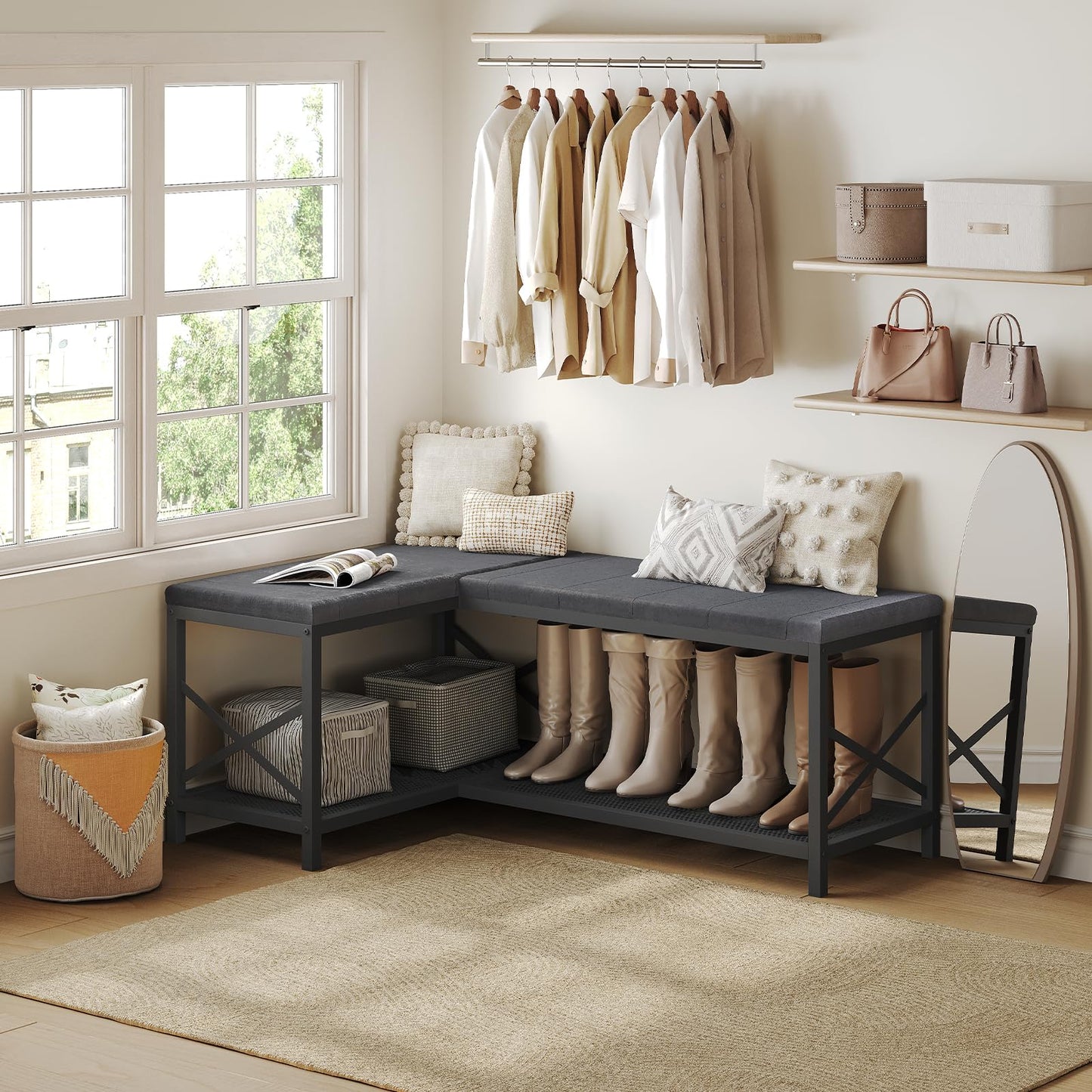 YATINEY L-Shaped Shoe Bench with Cushion, 59.1" Entryway Shoe Storage Bench