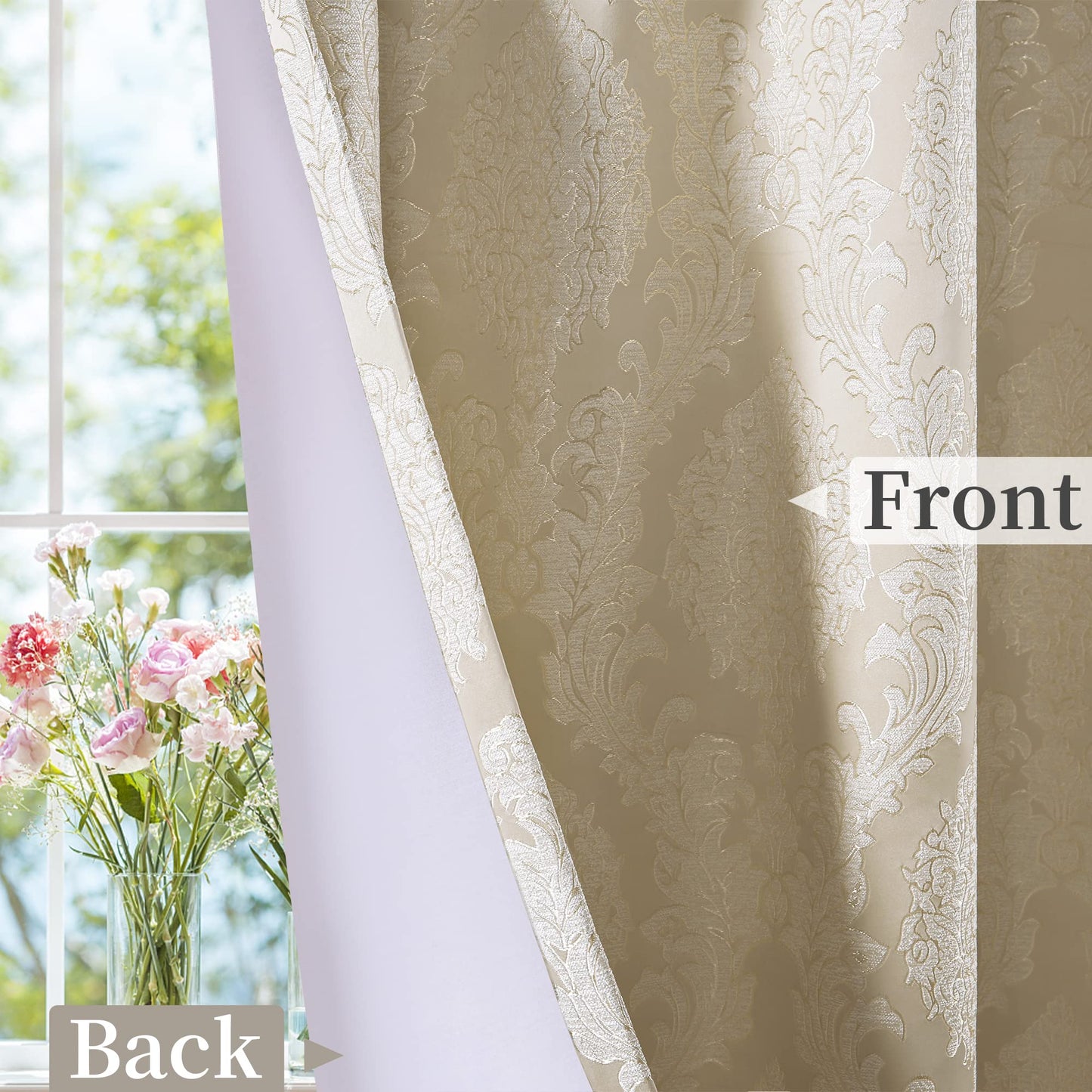Loom and Mill Luxury Jacquard Curtains for Bedroom, Beige Damask Curtains 2 Panels with Tiebacks, Elegant Window Curtain for Living Room Holiday Banquet Decor(52”Wx 84”L, 2 Panels)