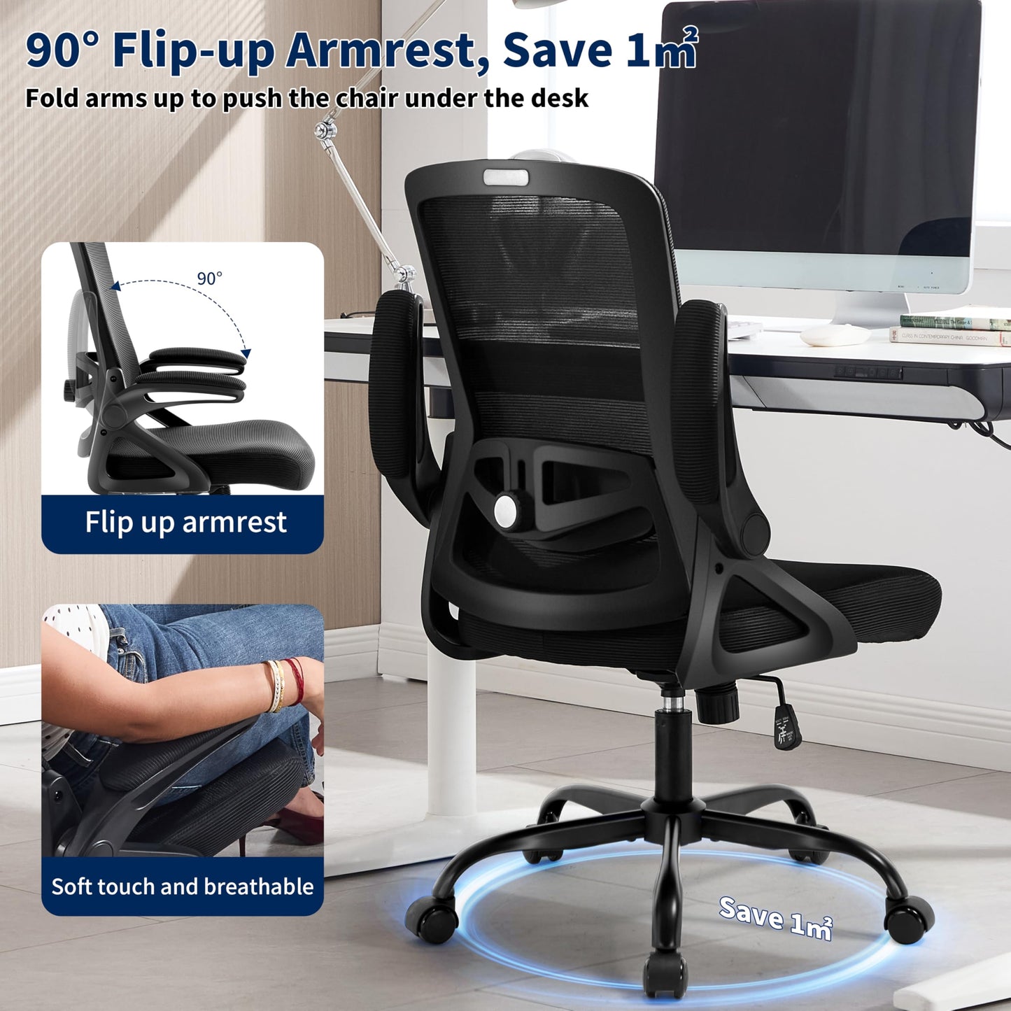 Nexthro Ergonomic Office Chair, Desk Chair with Adjustable Lumbar Support, Breathable Mesh Comfy Computer Chairs with Flip-up Armrests Executive Task Chair for Adults Home Office (4Pcs)