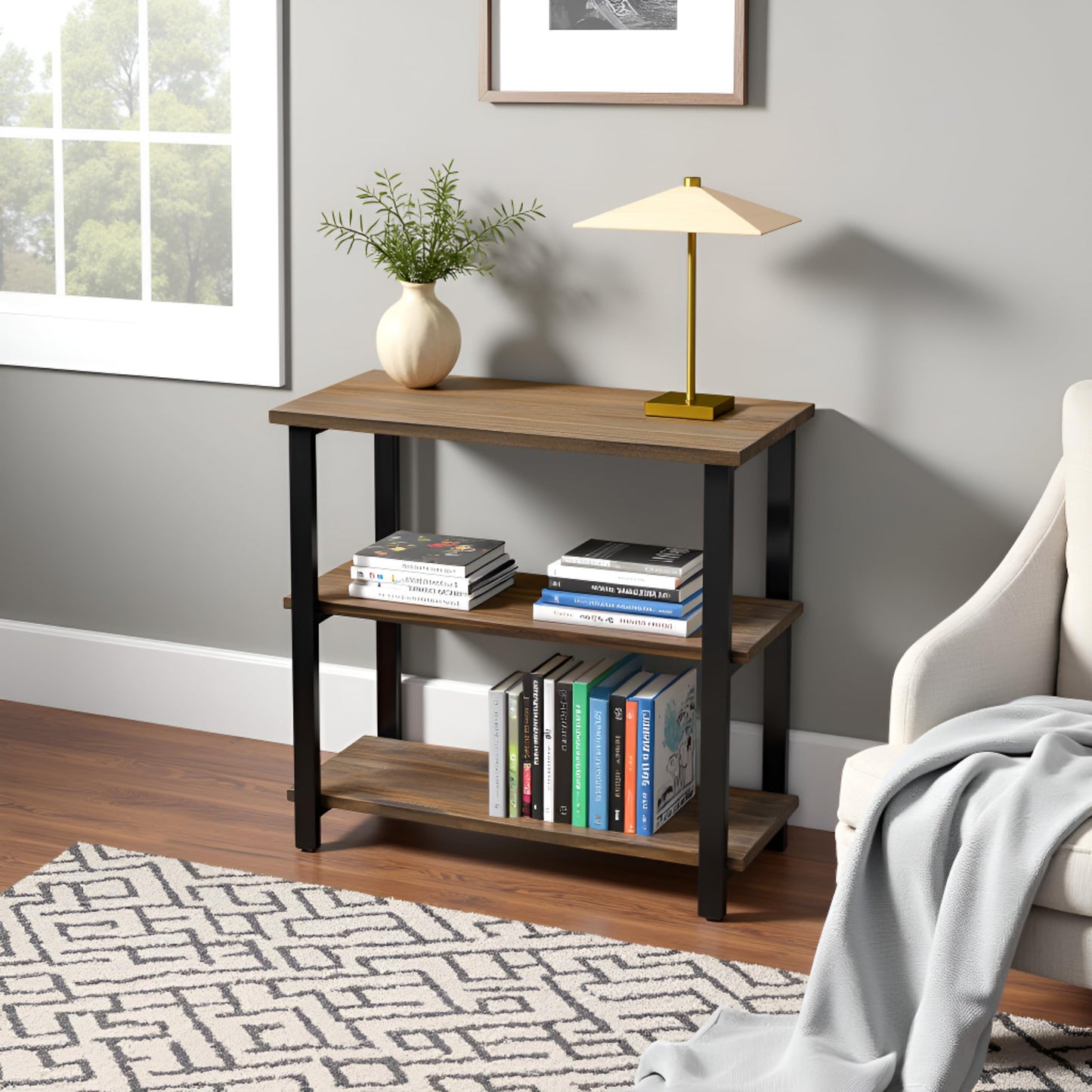 Alaterre Furniture Pomona Living Room 3-Tier Solid Wood Under-Window Bookshelf with Metal Frame – Rustic Industrial Modern Living Room Bookcase (Rustic Brown)