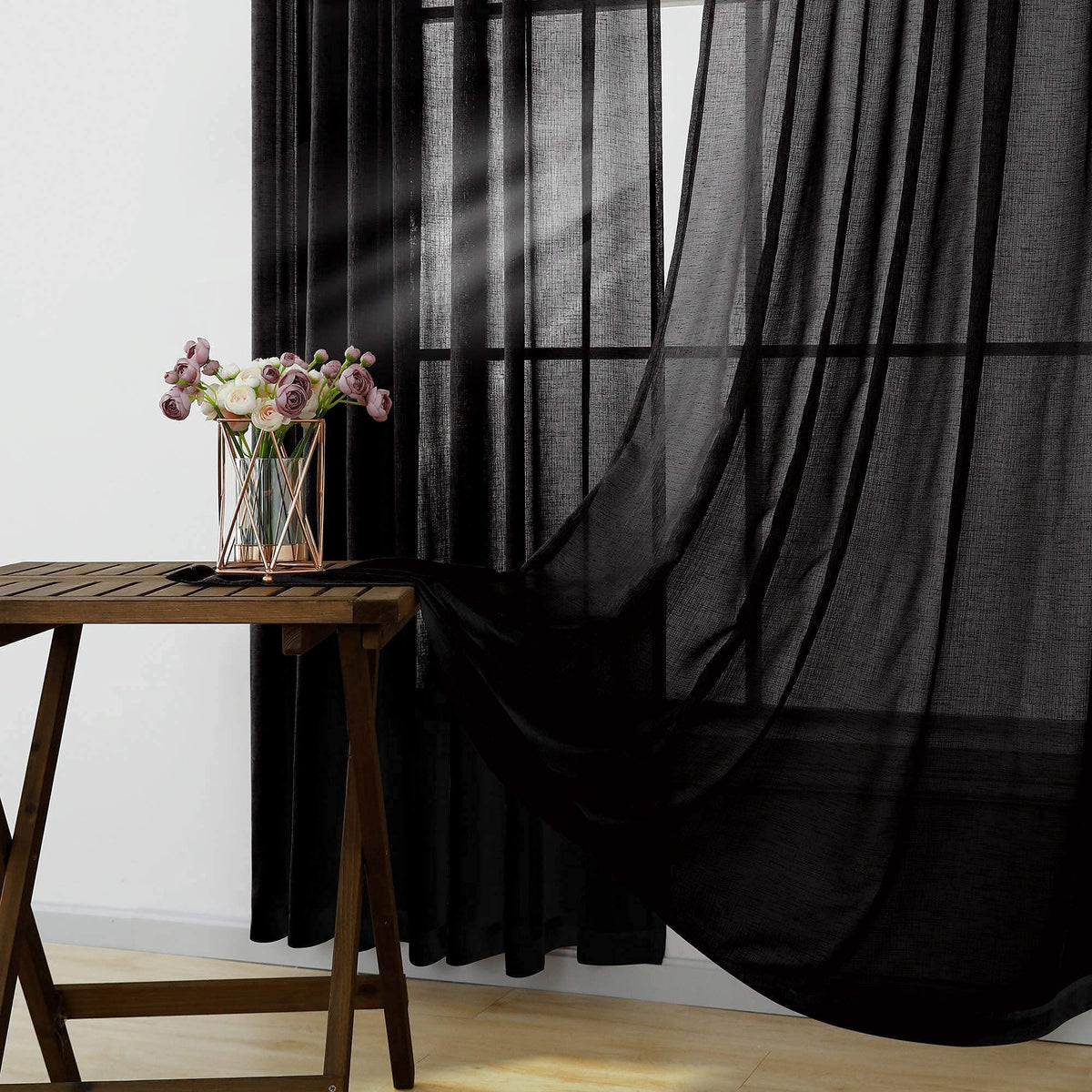 KOUFALL Sheer Black Curtains for Bedroom 2 Panels,Boho Window Curtains for Bathroom Kitchen Living Room 63 Inch Length