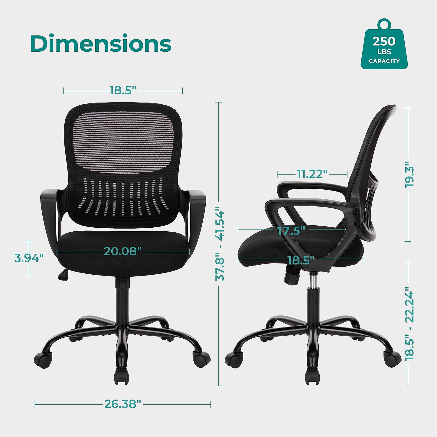 OLIXIS Home Office Chair, Mid Back Computer Ergonomic Mesh Desk with Large Seat, Executive Height Adjustable Swivel Task with Lumbar Support and Armrest, for Adults, Black
