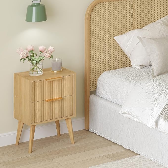 YAUKOMEL Fluted Nightstand, Small Bedside Table, Natural Wood Night Stand