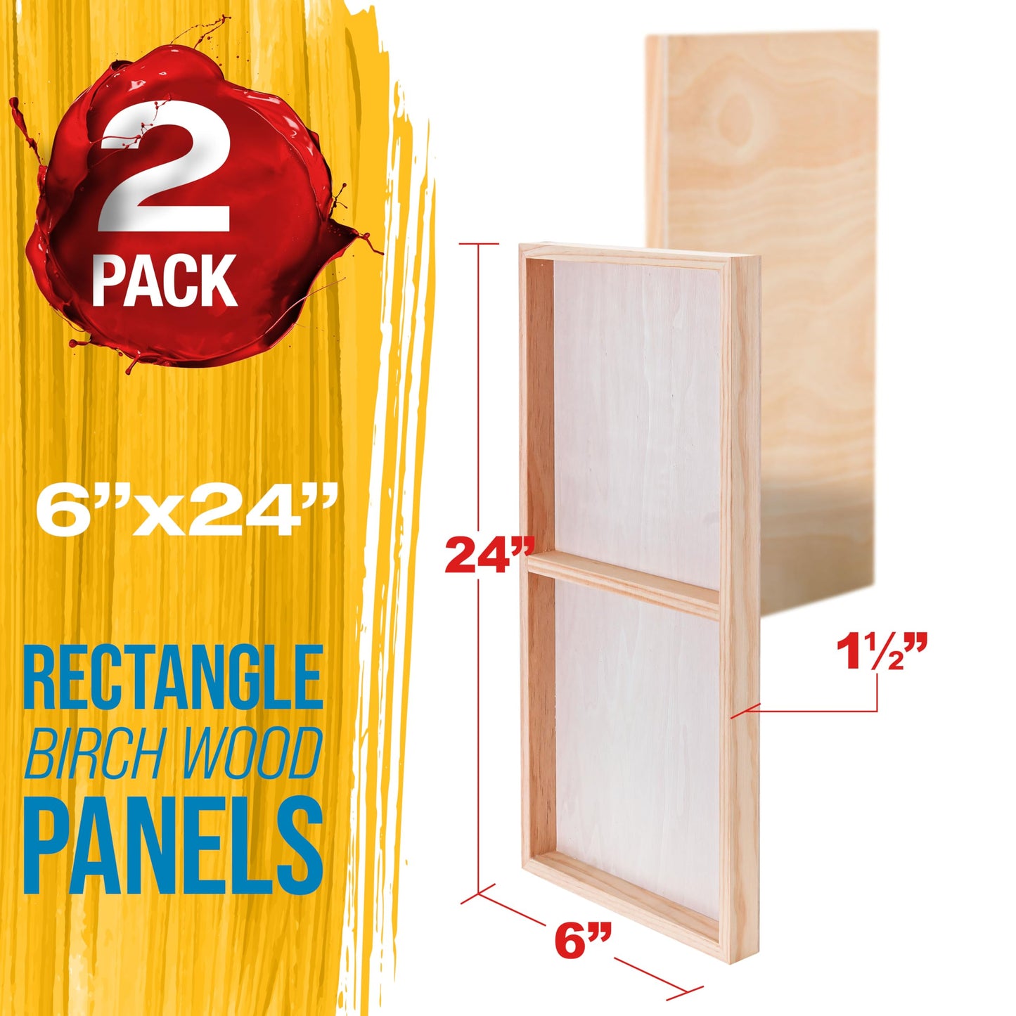 U.S. Art Supply 6" x 24" Unfinished Cradled Wood Panels for Painting, Gallery 1-1/2" Deep (2 Pack) - Artist Depth Wooden Wall Canvases - Mixed-Media Craft, Acrylic, Oil, Encaustic, Paint Pouring