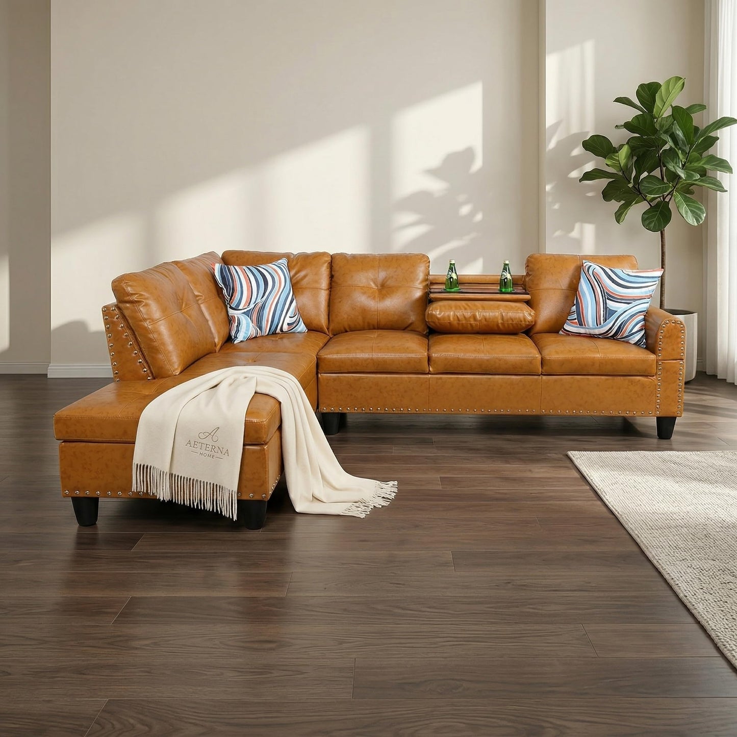 Trygoal L-Shaped Sectional Sofa, Modern 4-Seat Couch with Built-in Cup Holders, Leather Sectional Couch with Left Facing Chaise for Living Room, Apartment, Office, Ginger