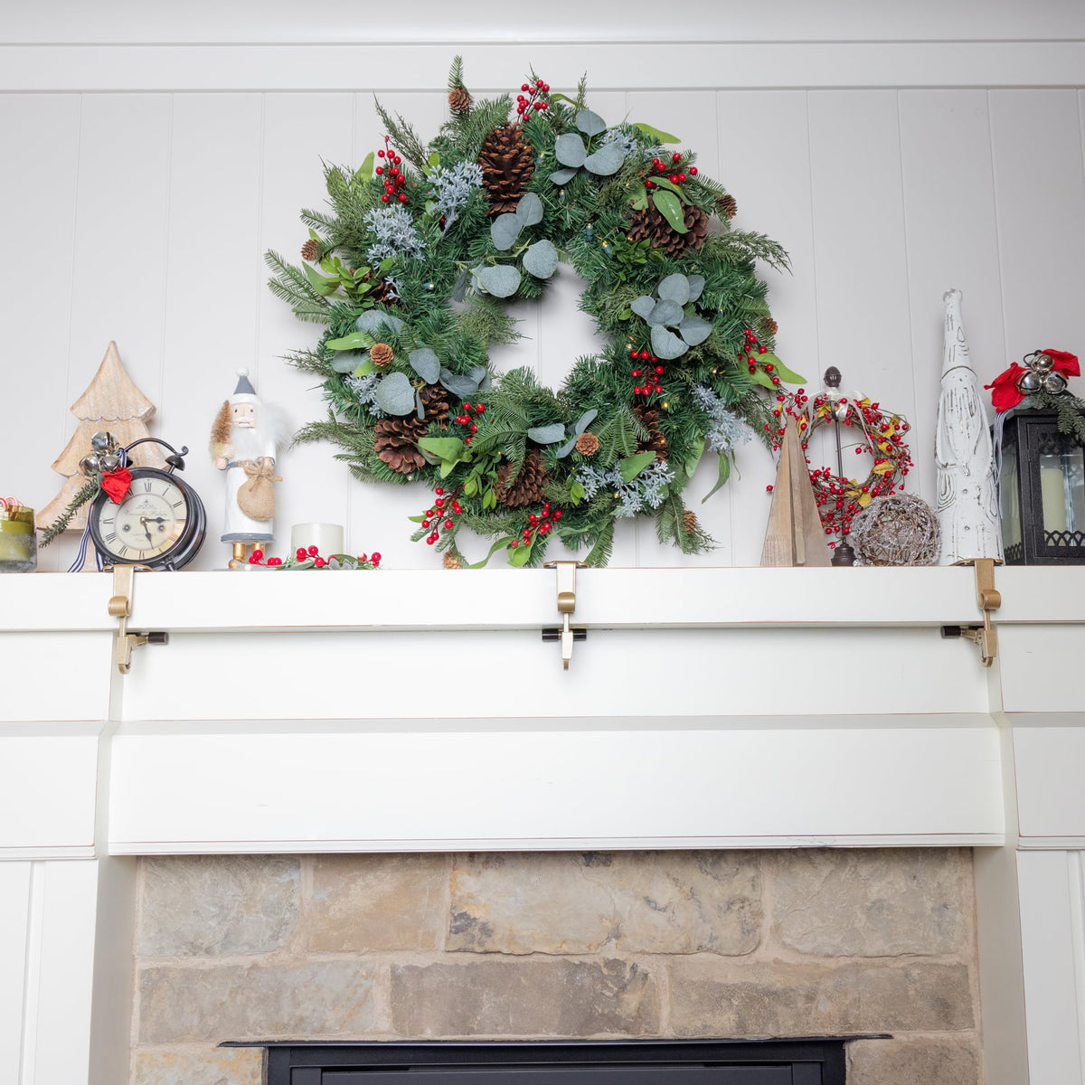 [Fireplace Stocking and Garland Hanger] - Patented Mantle Holder Has Two Hooks - Hold Christmas Stocking and Hang Garland - Durable Wrought Iron - Padded Contact Points (2 Pack - Gold)