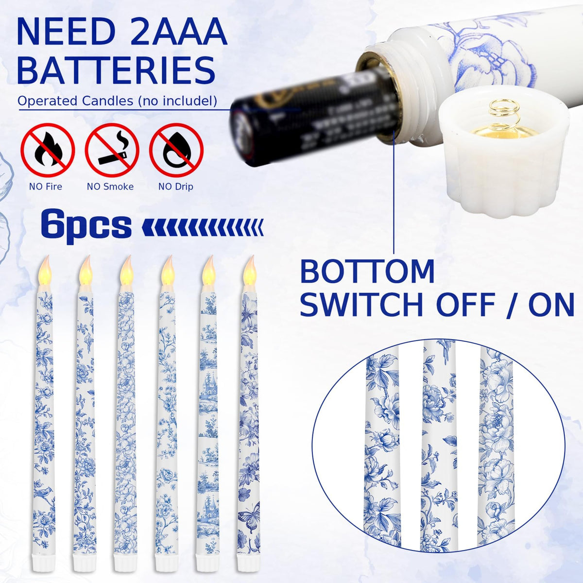 Kuabiz 6 Pcs Chinoiserie Flameless Candles 10.8 Inch Floral Taper Candles Blue and White Battery Operated Candle Decor for Wedding Table Centerpiece Garden Home Party Decor Supplies