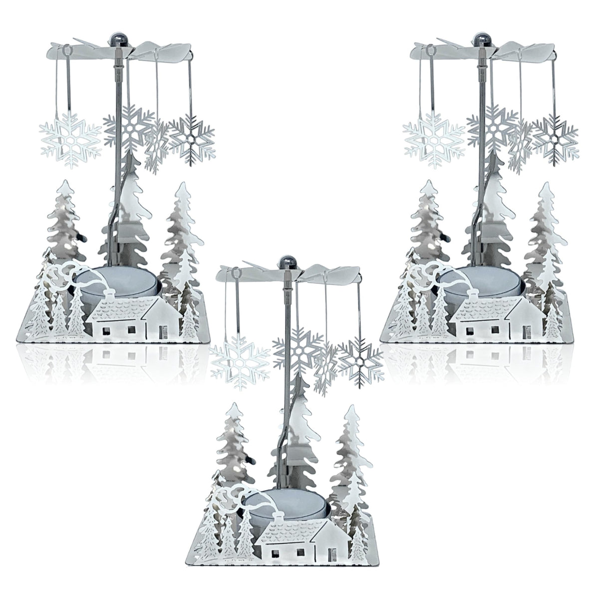 Winter Cabin Silver Holiday Candle Spinners Set of 3, Silver Plated Laser Cut Christmas Tea Light Candle Holders with Cabin, Trees & Snowflake Charms, Spinning Winter Scene Table Decor, 5 Inch