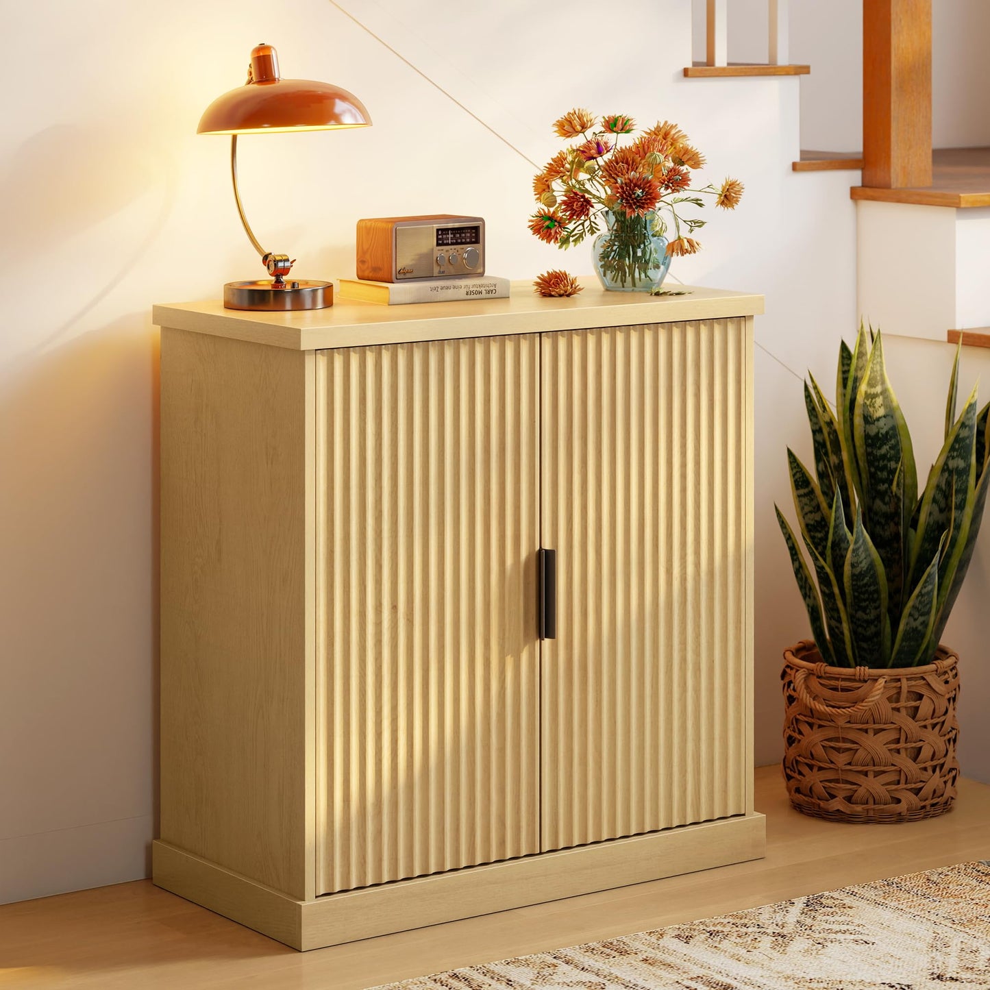 VASAGLE MAXE Collection - Buffet Cabinet, Fluted Console Cabinet, Sideboard with Adjustable Shelf, Mid Century Modern Buffet Table, 15.8 x 29.9 x 31.5 Inches, Oak Beige UBBK344Y01