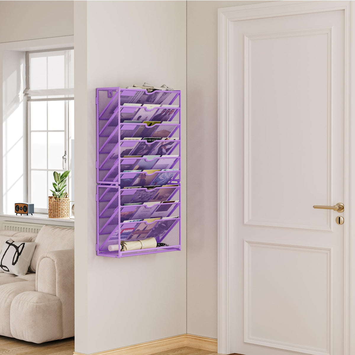 Lavatino Hanging Wall File Folders Organizer - 10-Tier Purple Metal Mesh Paper Magazine Document Mail Holder File Organizer for Office School Home Wall Mount or Desk Supplies Organization