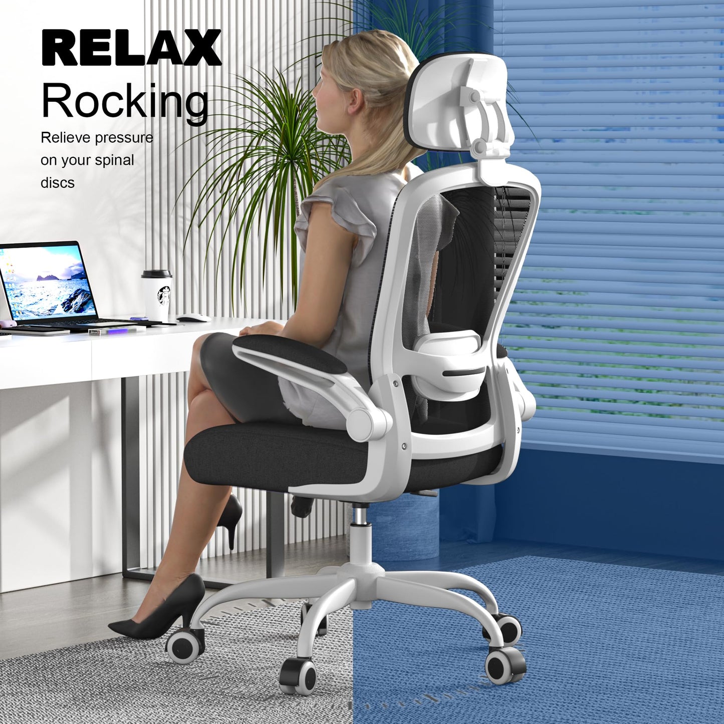 Mimoglad Office Chair, Comfy Desk Chair - High Back Ergonomic Computer Chair with Adjustable Lumbar Support & Headrest, Flip-up Armrests for Guitar Playing, Swivel Task Chair for Home and Office