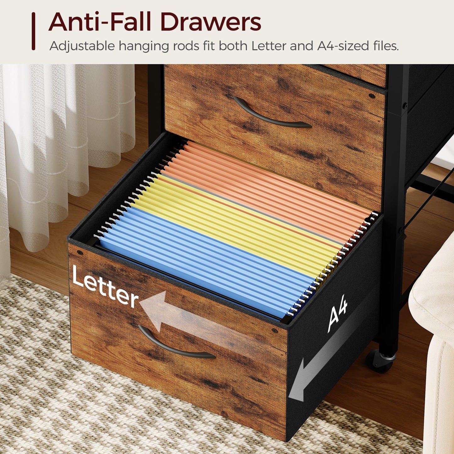 MAHANCRIS 3 Drawer File Cabinet, Vertical Filing Cabinet with Wheels, Printer Stand with Non-Woven Fabric Drawer, Adjustable Hanging Rods, fits A4/Letter Size, for Home Office, Rustic Brown FCHR5901