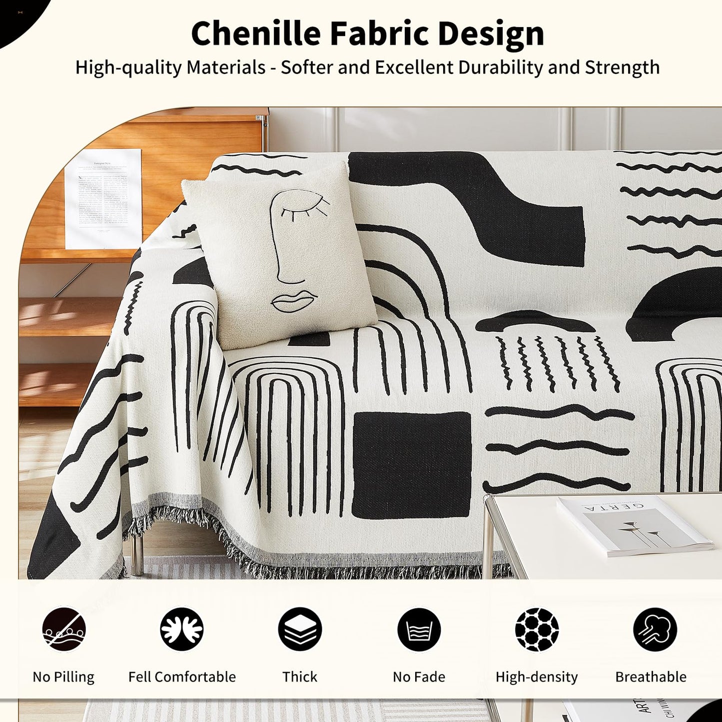 WEYOND Boho Chenille Couch Cover with Tassels, Bohemian Sofa Cover for 3 Cushion Couch, L-Shaped Sectional, Loveseat, 2/3/4 Seater (71" x 118", Black)
