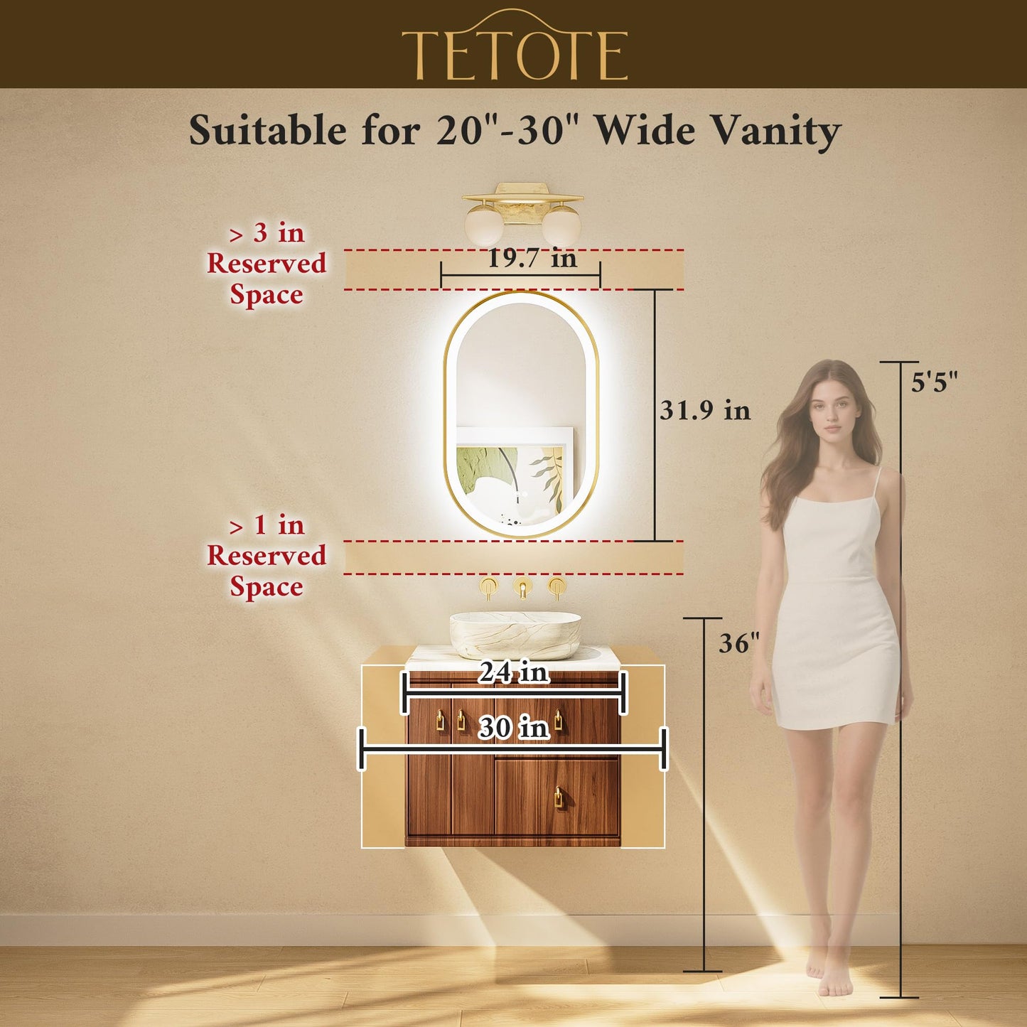 TETOTE Oval Led Lighted Bathroom Mirror Matte Black Frame 20" x 32" Front and Backlit Oval Light up Vanity Mirror with Lights, 3 Color Illuminated Dimmable Anti Fog Wall Mount, IP54 CRI 90+