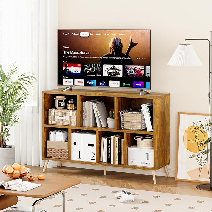 7-Cube Storage Organizer with Natural Wood Legs, Mid-Century Modern Bookcase