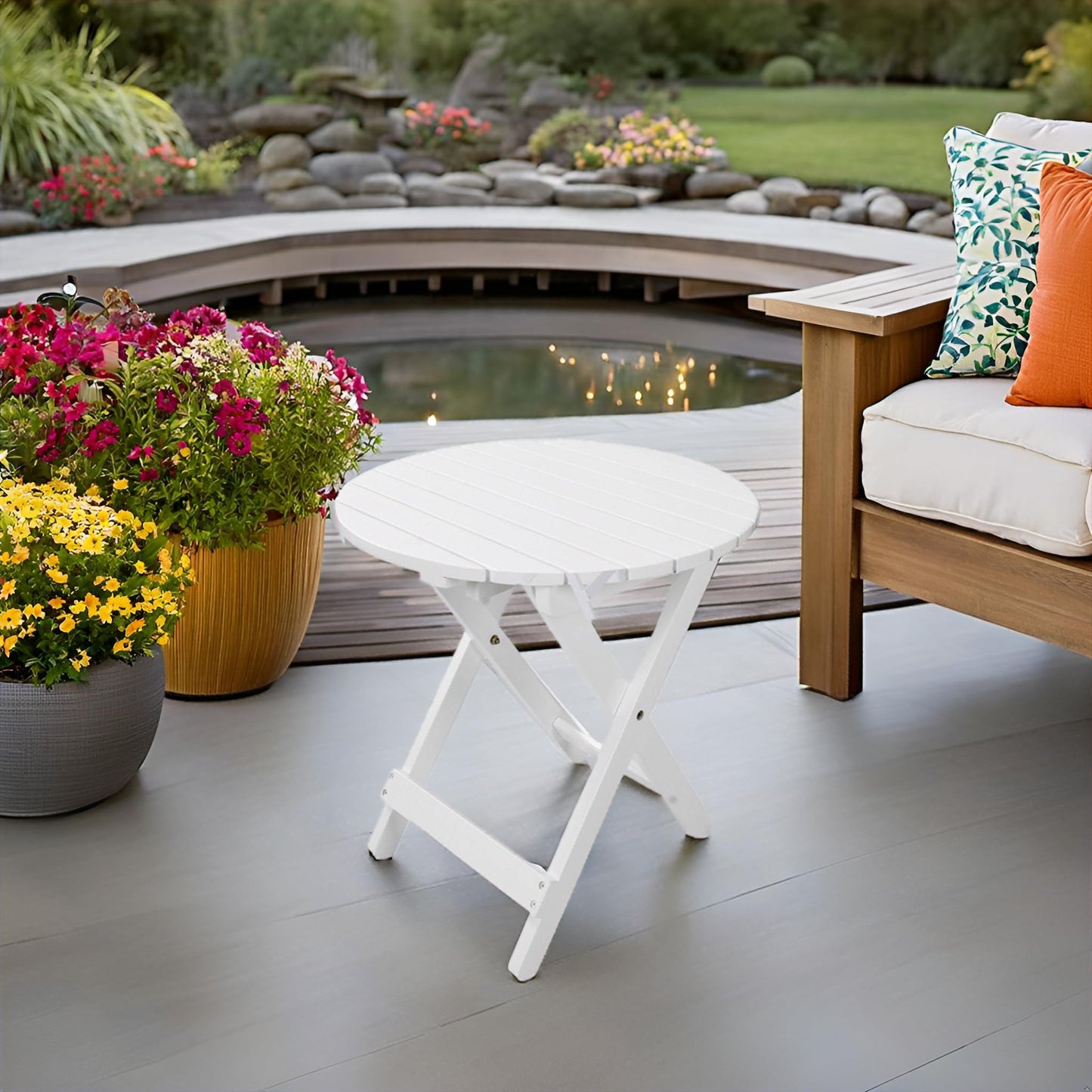 Hngilkoo Outdoor Wooden Side Table, Folding Patio End Table, Small Round Furniture Table for Adirondack Chair, Balcony, Porch, Acacia Wood, No Assembly, White