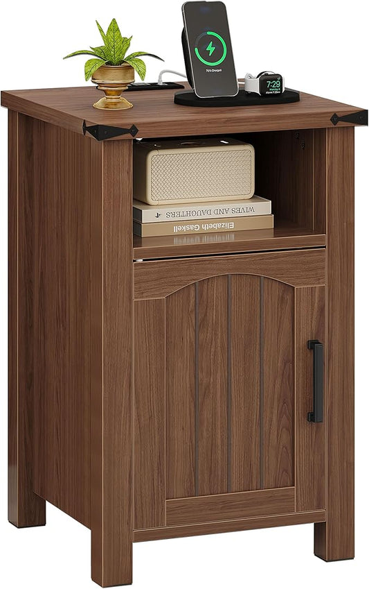 Farmhouse Nightstand with Charging Station, End Table with USB/Type-C Ports and