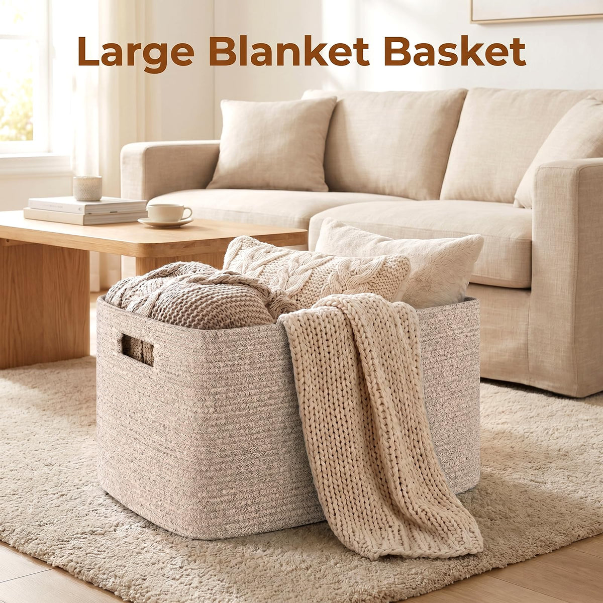 OIAHOMY 75L Large Woven Cotton Rope Storage Basket with Handle for Organizing Blanket and Toys for Living Room, Nursery, Brown Variegated 22”x17”x12”
