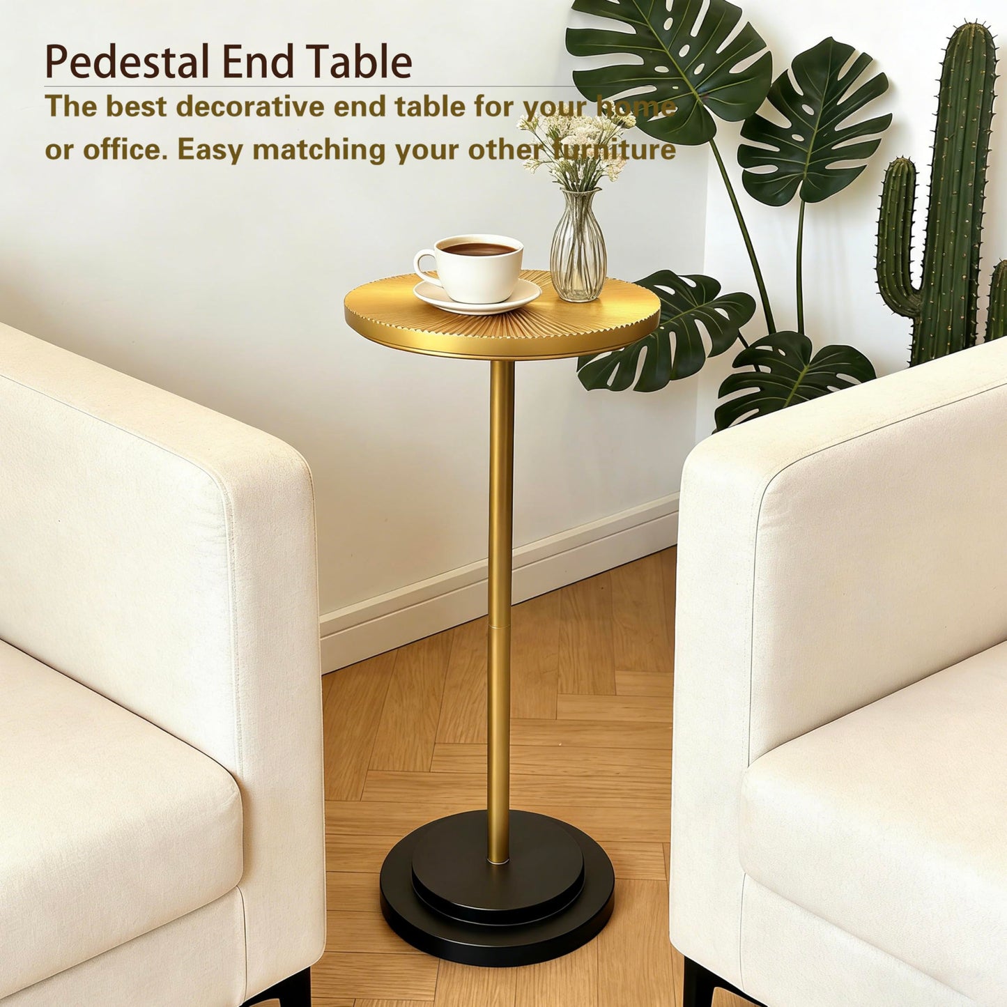 COVLON Drink Table Set of 2, Small Round Pedestal Side Table with Carved Top for Living Room, Bedroom, Small Space, Corners and Office, Gold and Black