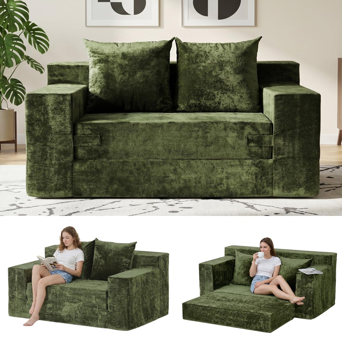 feliz home Boneless Loveseat Couches, Convertible Sofa Bed Folding Couch Bed, Boneless Chair Bed & Futon Sofa Bed, Small Pull Out Couch Foldable with 4 Pillows for Living Room, Green