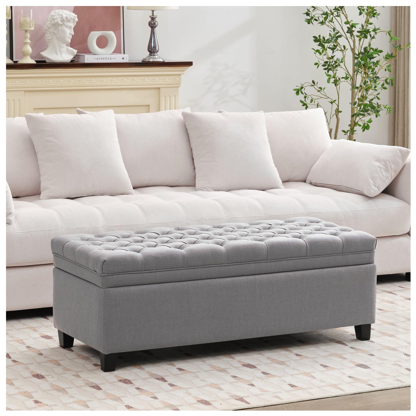 UDAX 51" Storage Ottoman for Bedroom & Living Room, End of Bed Bench with Black Wooden Legs, Linen Upholstered Tufted Ottoman, Entryway Storage Bench, Light Grey